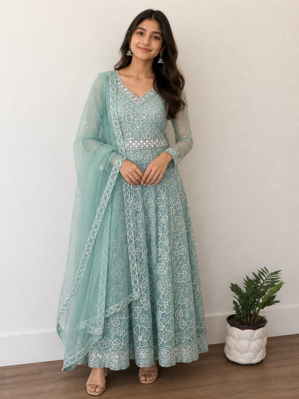Seafoam Light Teal Embroidered Mirror Work Anarkali Suit Set with Dupatta